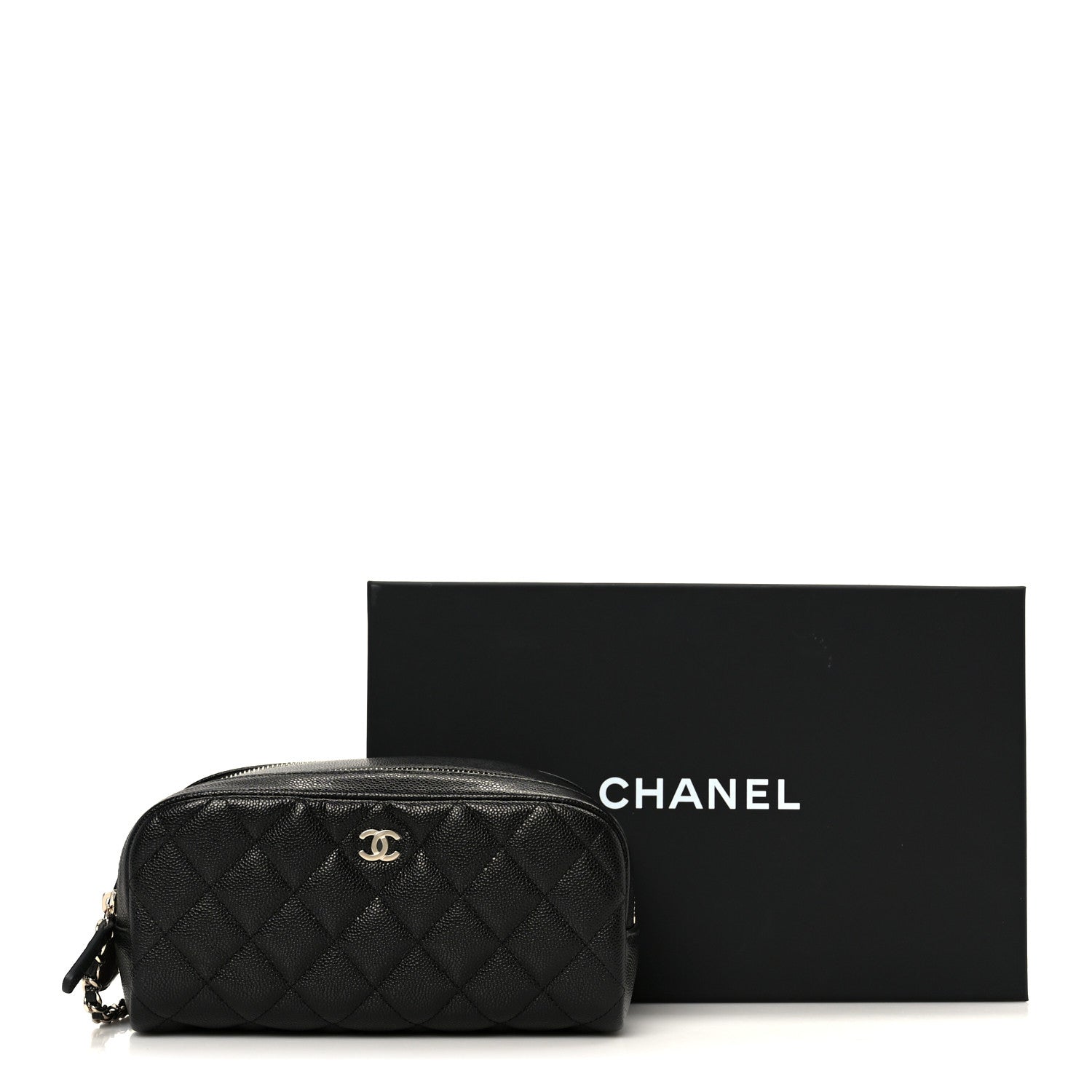 Caviar Quilted Toiletry Case With Chain Black