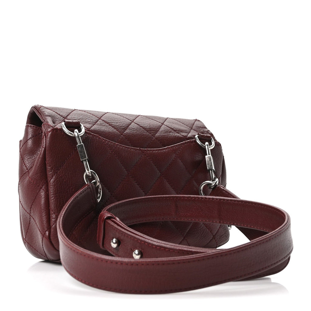 Shiny Goatskin Quilted Small Double Carry Waist Chain Flap Burgundy