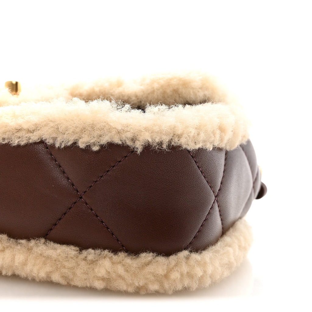 Shearling Lambskin Quilted Mini Furry Coco Flap Beige Dark Brown