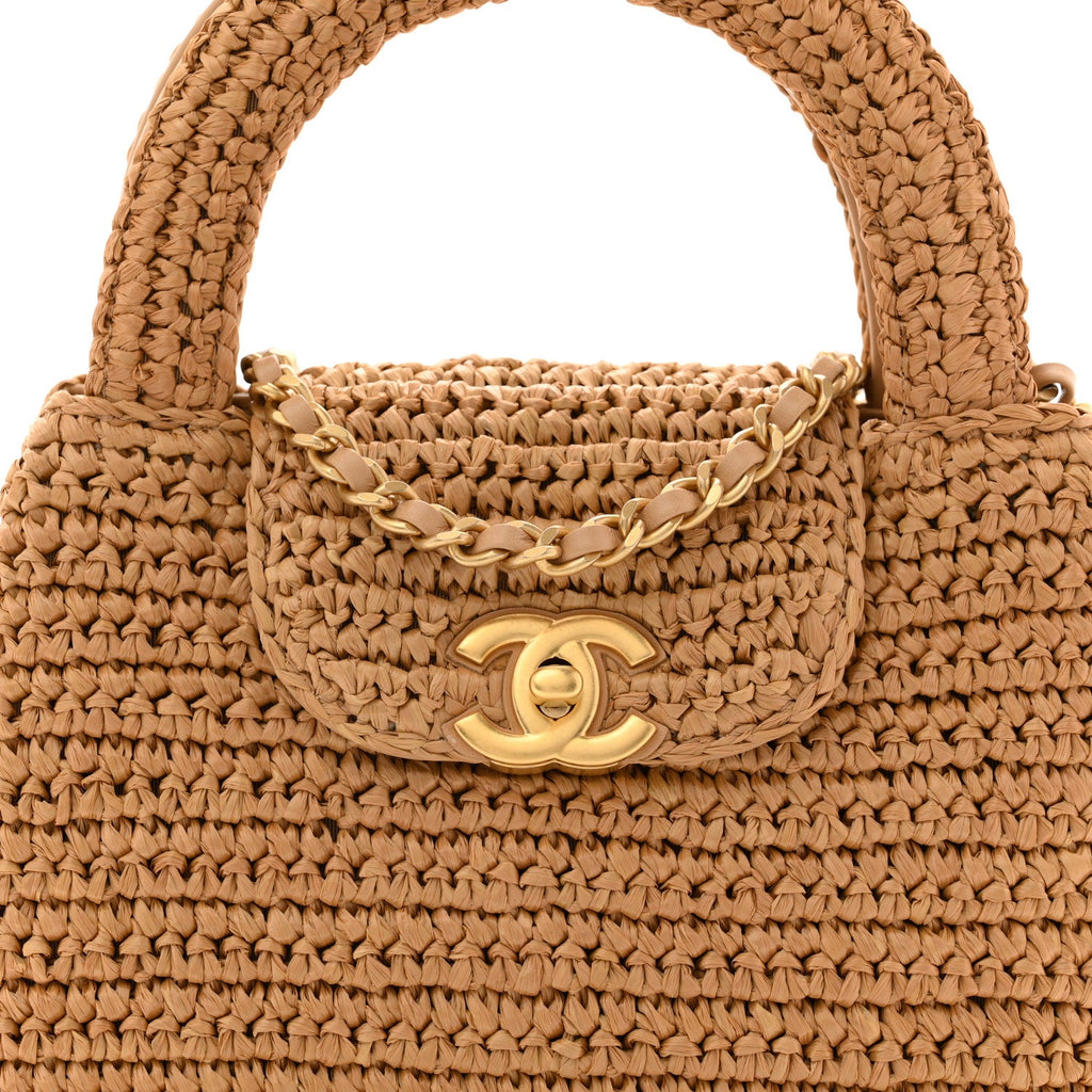 Braided Raffia Nano Kelly Flap Bag Dark Beige