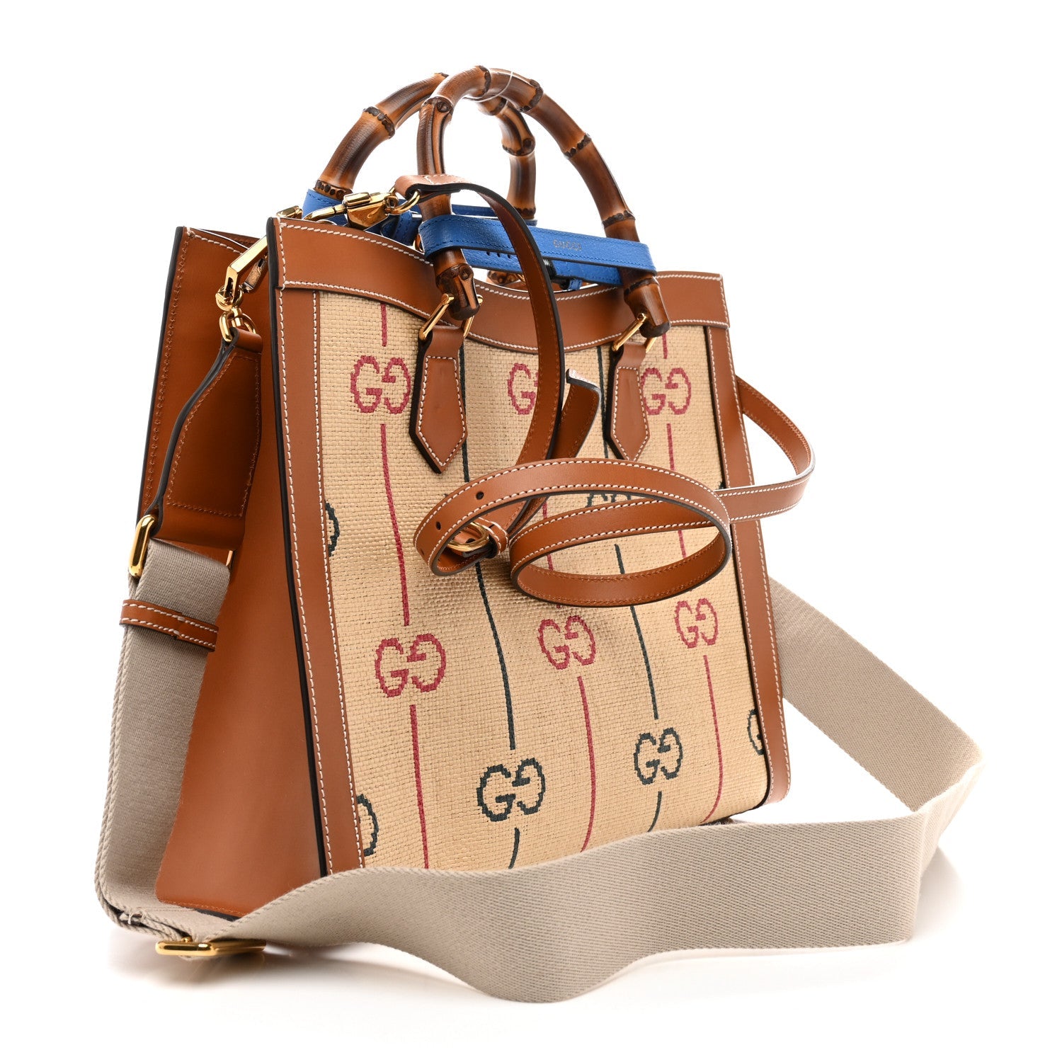 Raffia Monogram GG Jacquard Medium Diana Tote Bag Natural Red Green Modern Blue
