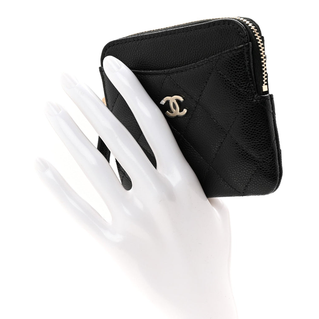 Caviar Quilted Zip  Holder Wallet Black