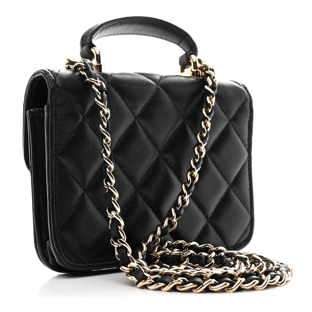 Lambskin Quilted Top Handle Flap Coin Purse With Chain Black