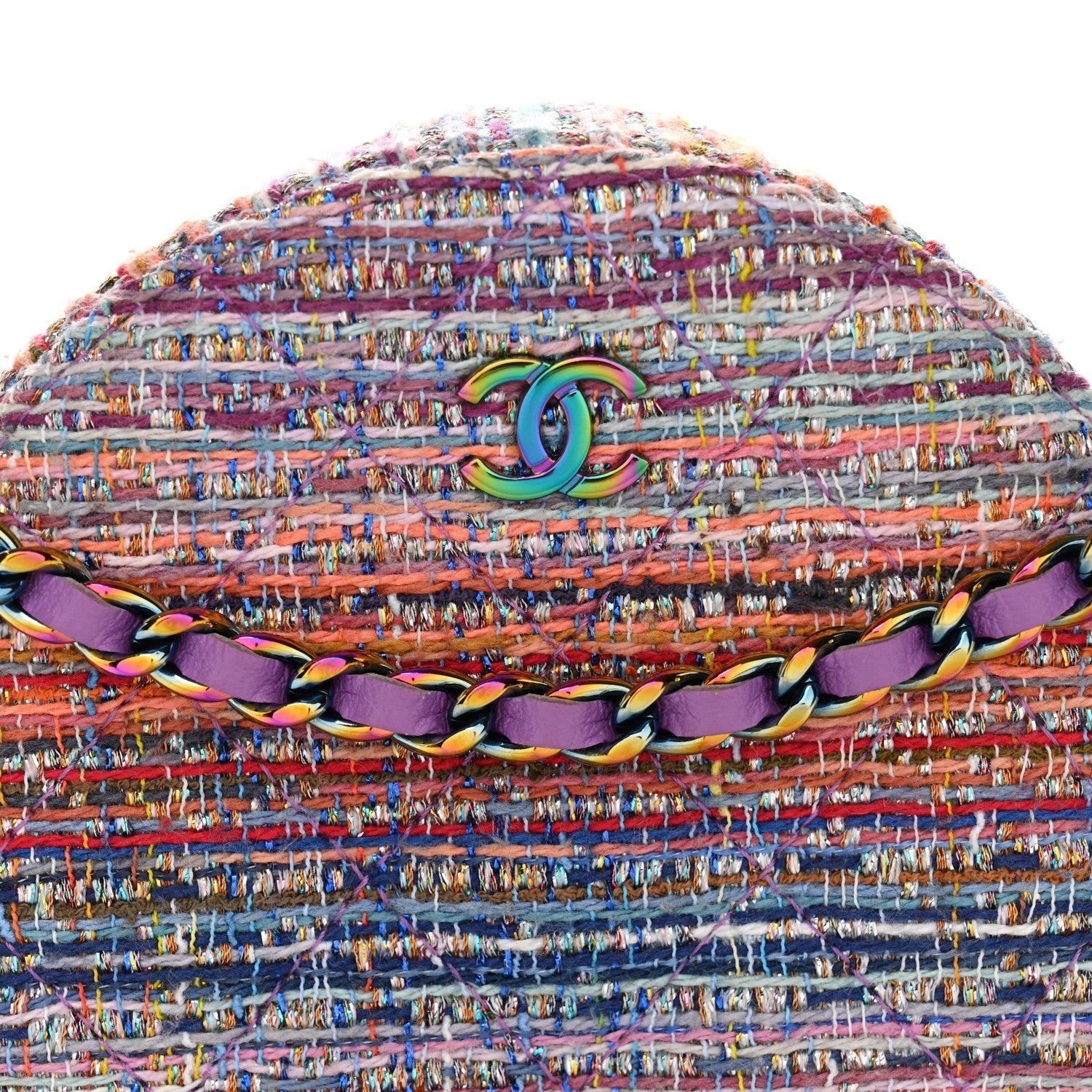 Tweed Quilted Round Clutch With Chain Blue Pink Orange
