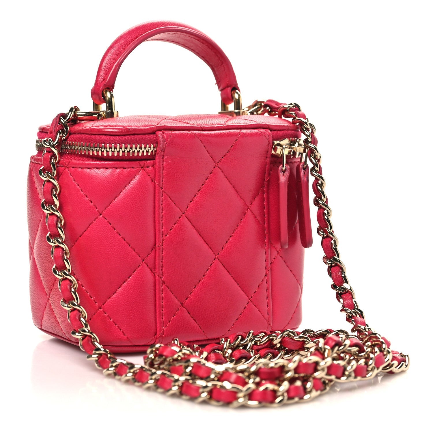 Lambskin Quilted Mini Top Handle Vanity Case With Chain Dark Pink