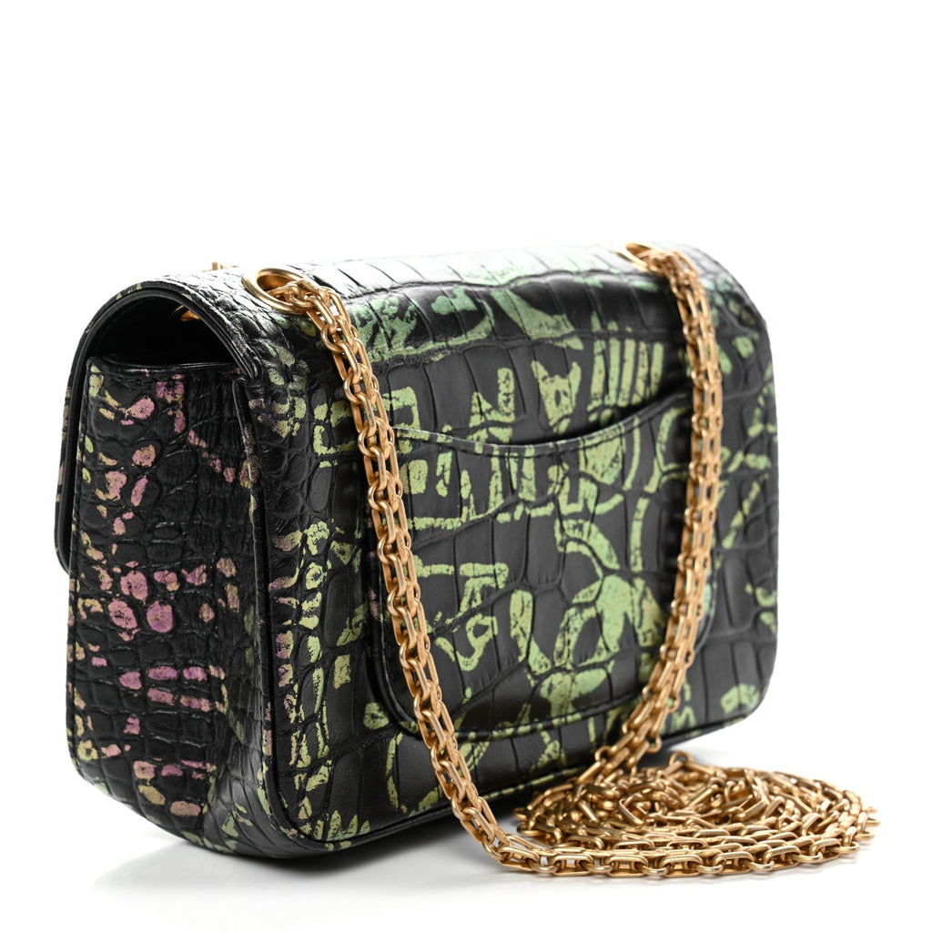 Calfskin Crocodile Embossed Graffiti 2.55 Mini Cocodile Reissue Flap Black Pink