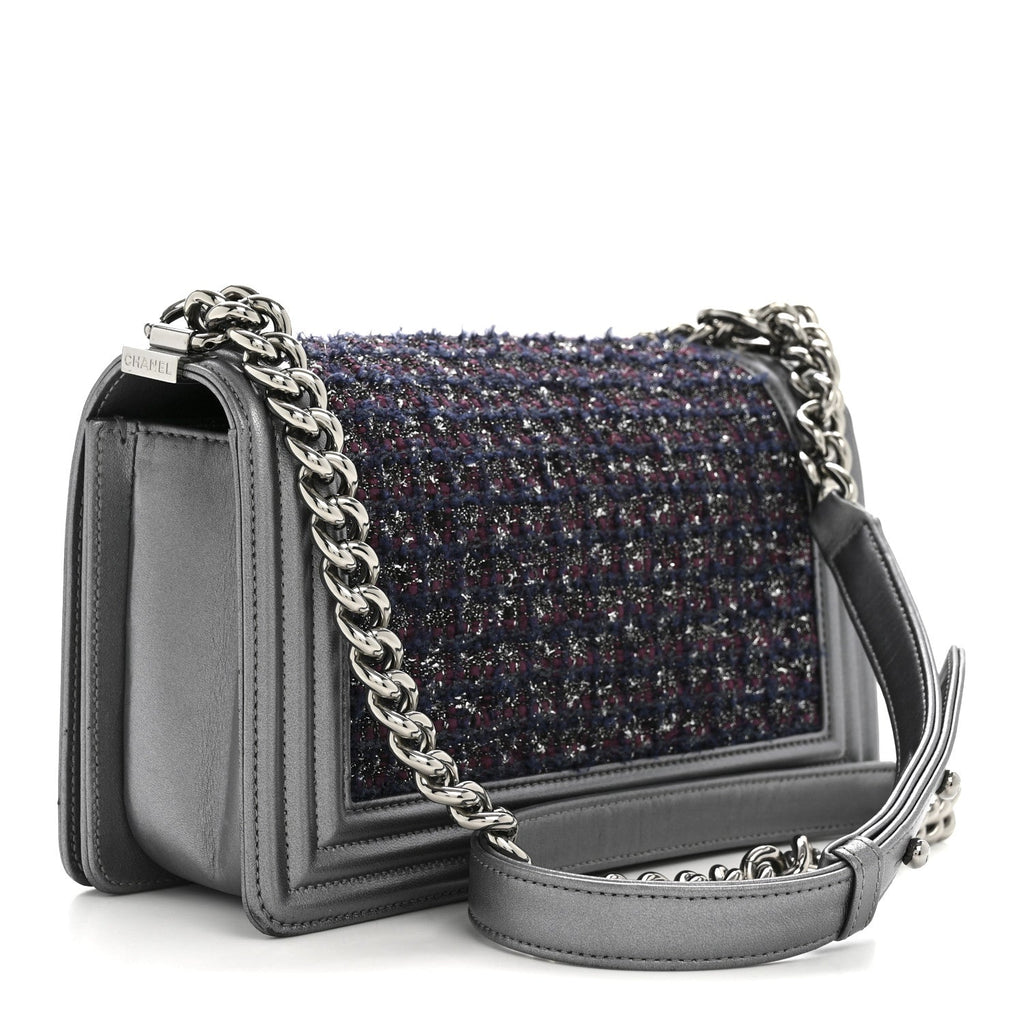 Tweed Metallic Lambskin Medium Boy Flap Silver