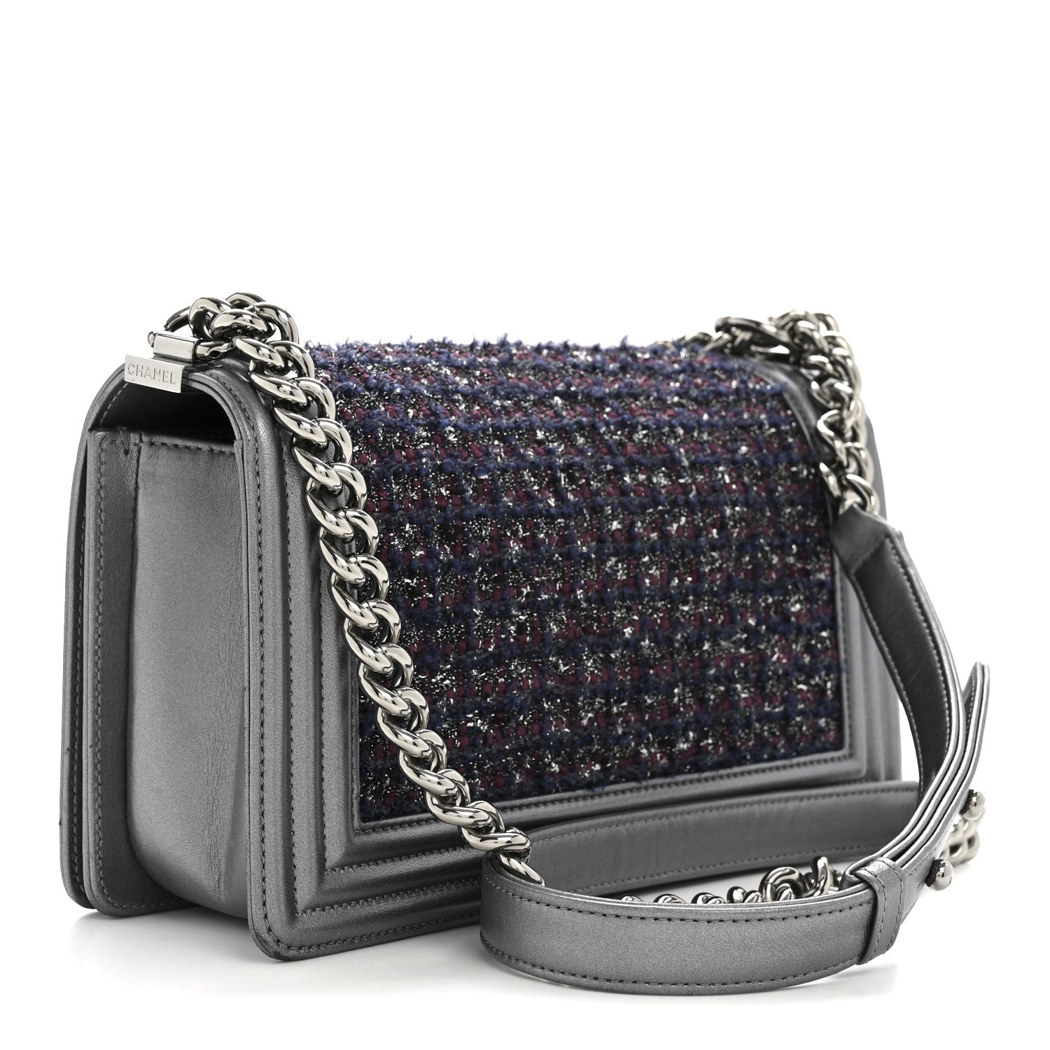 Tweed Metallic Lambskin Medium Boy Flap Silver