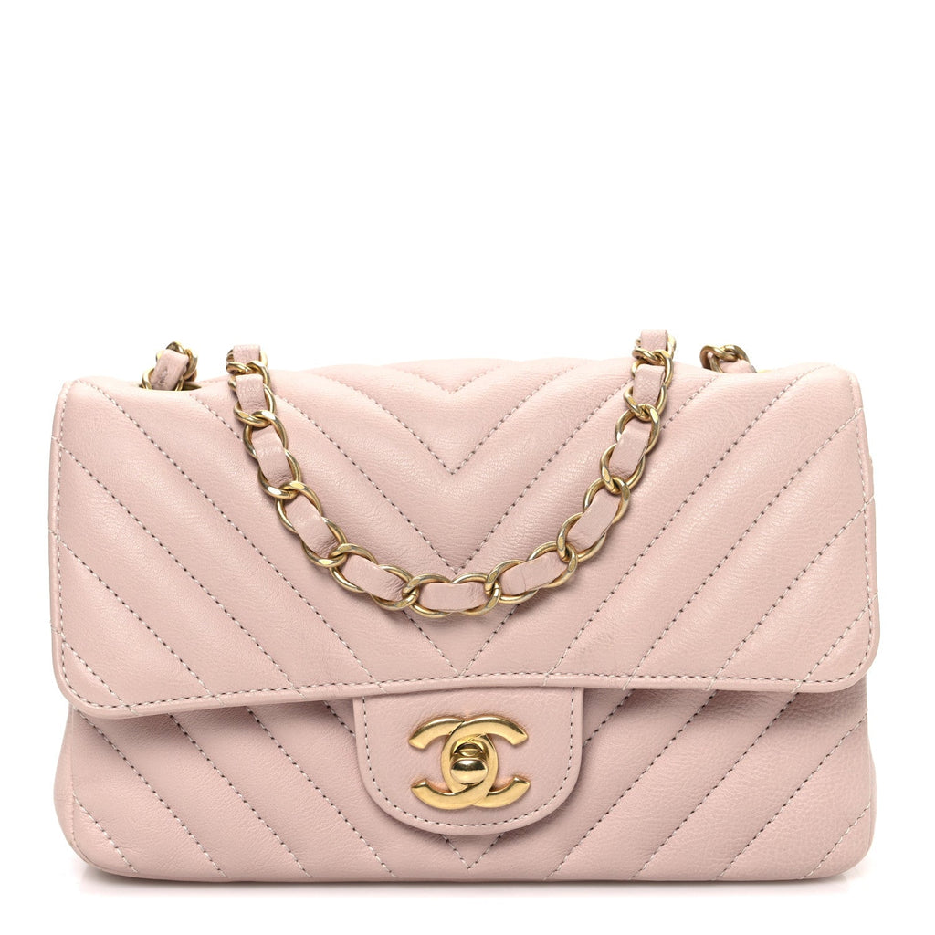 Calfskin Chevron Quilted Mini Rectangular Flap Light Pink