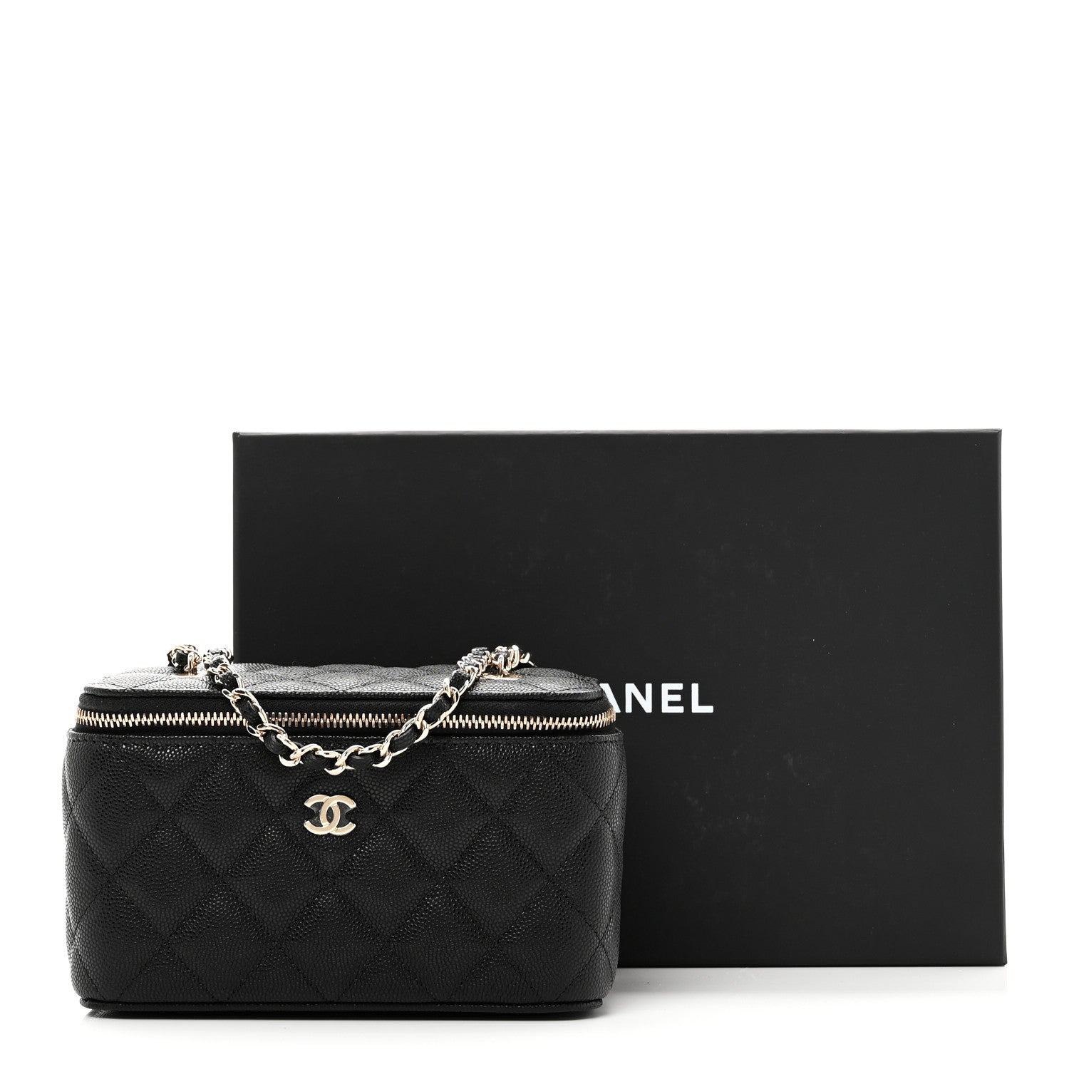Caviar Quilted Small Vanity Case With Chain Black