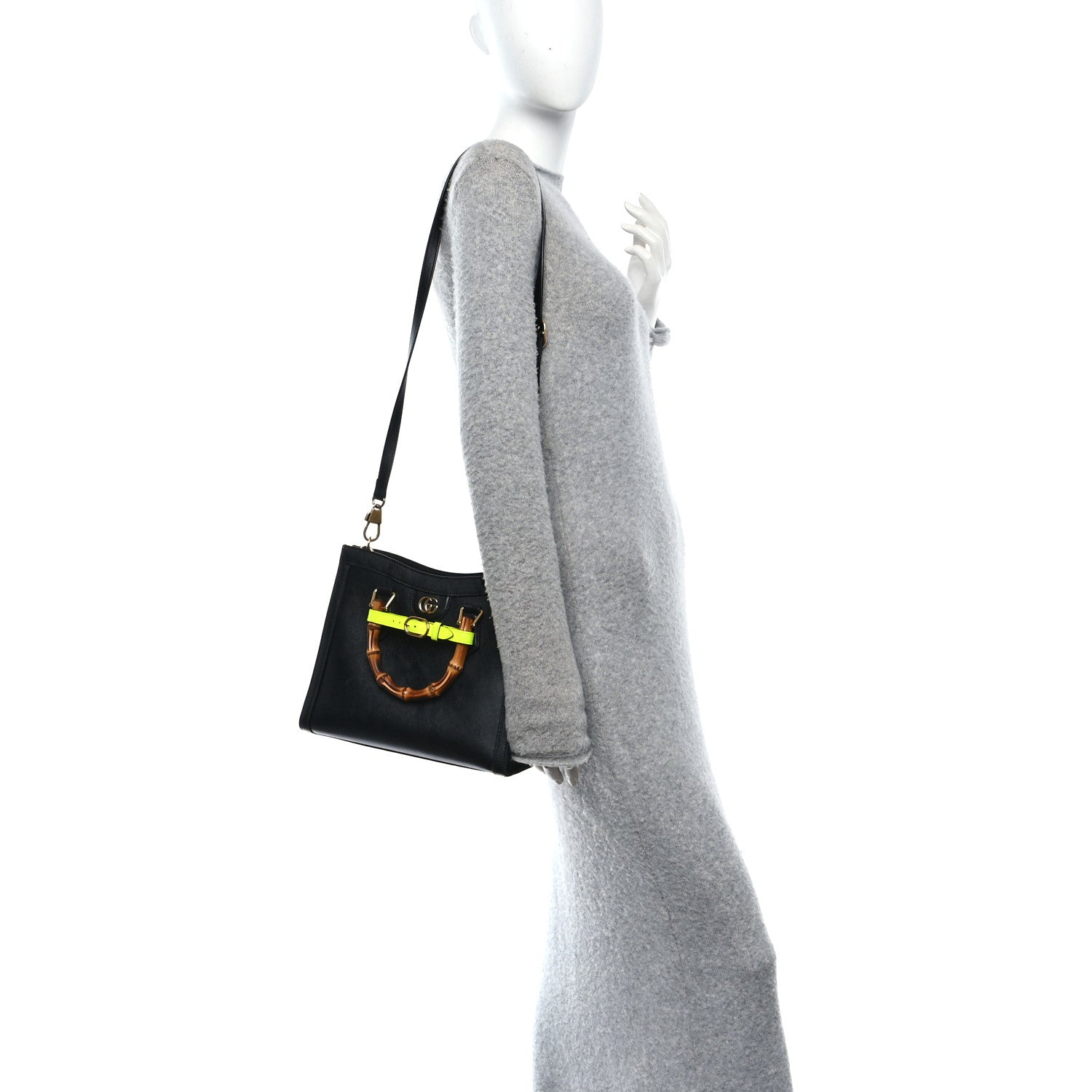 Calfskin Small Diana Tote Bag Black Yellow Fluo