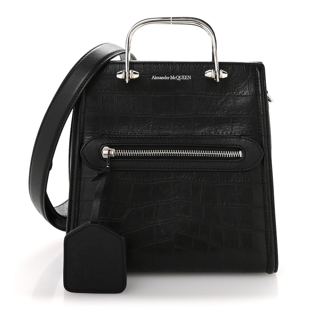 Crocodile Embossed Calfskin The Short Story Shoulder Bag Black