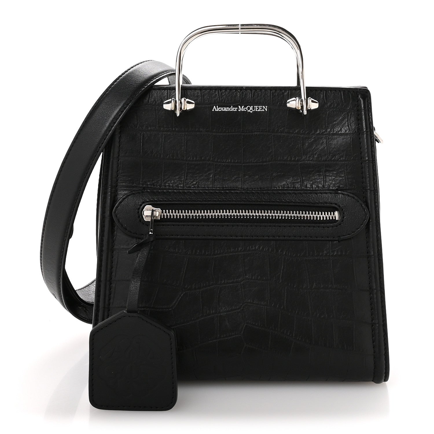 Crocodile Embossed Calfskin The Short Story Shoulder Bag Black