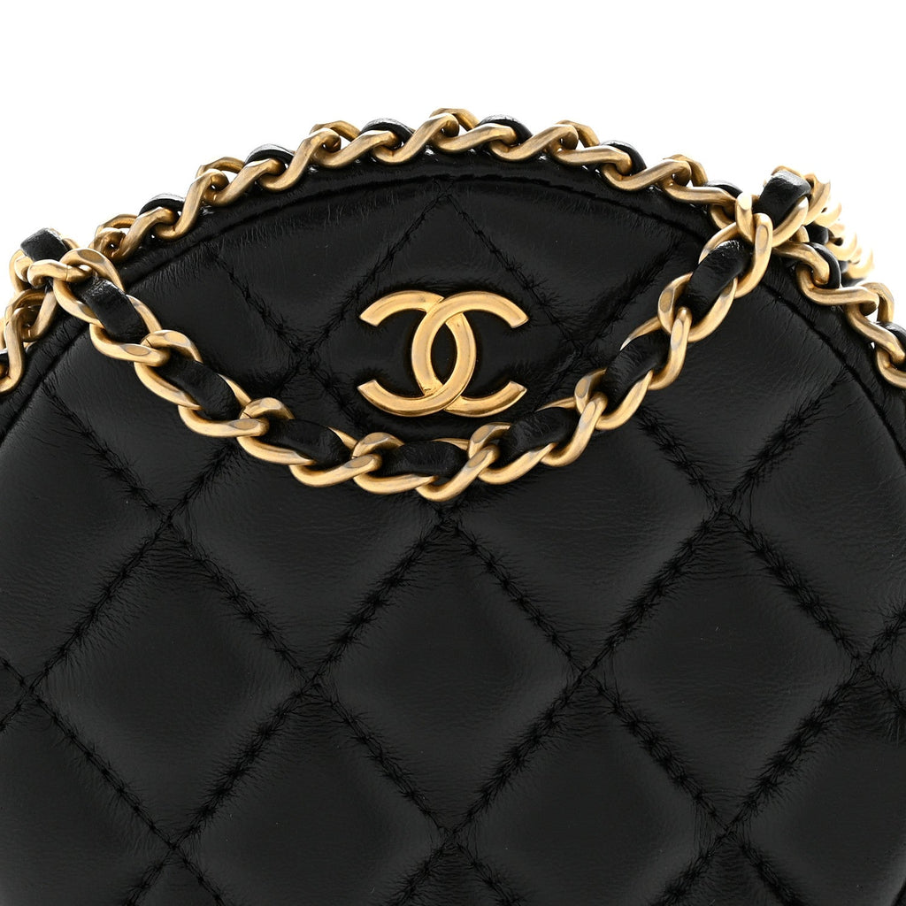 Lambskin Quilted Chain Around CC Round Clutch With Chain Black