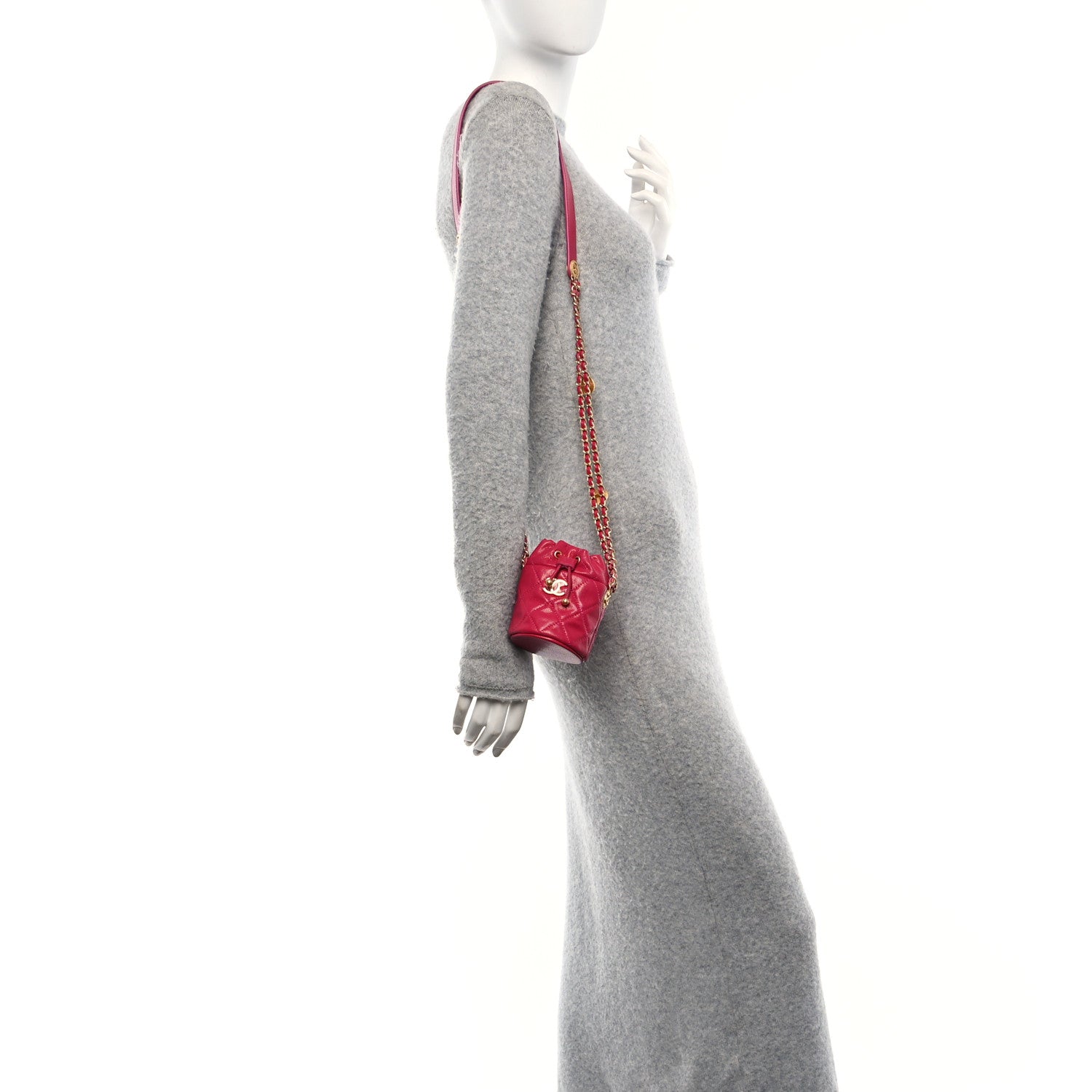 Caviar Quilted Twist Your Buttons Mini Bucket Bag Fuchsia