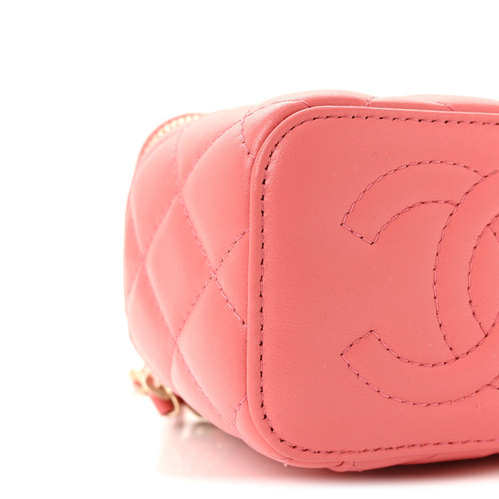 Lambskin Quilted Crystal Top Handle Mini Vanity Case With Chain Coral