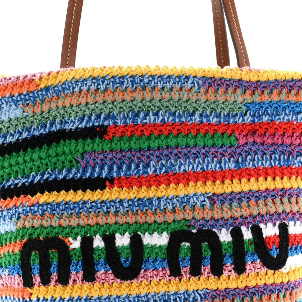 Cotton Crochet Stripe Vertical Tote Bag Multicolor