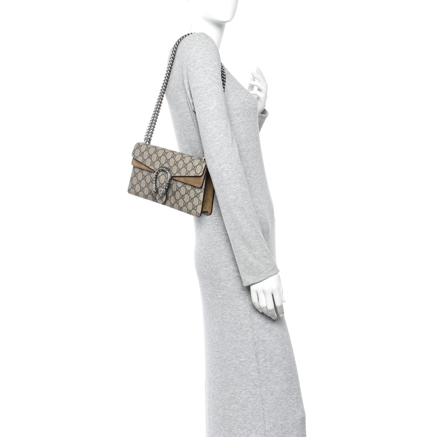 GG Supreme Monogram Suede Crystal Small Dionysus Shoulder Bag Beige Ebony Taupe