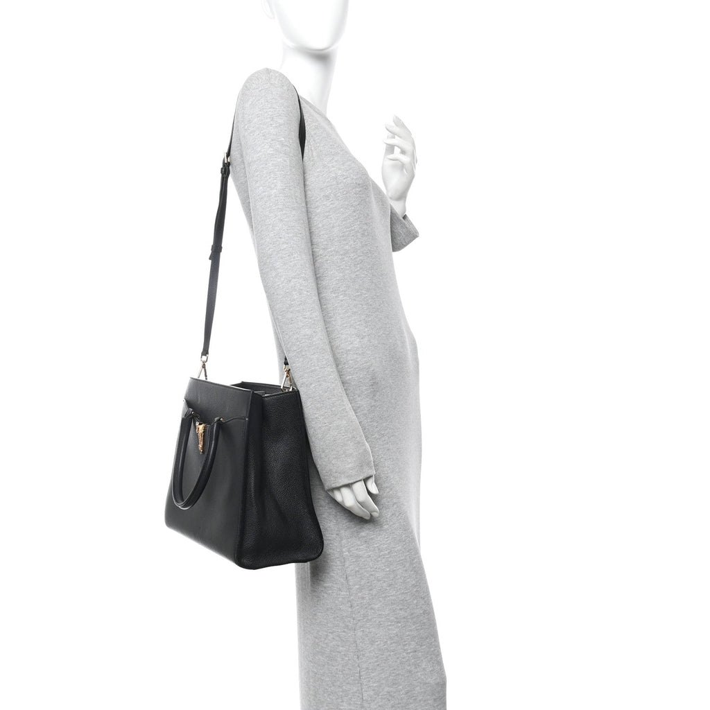 Grainy Calfskin Large Virtus Top Handle Tote Black