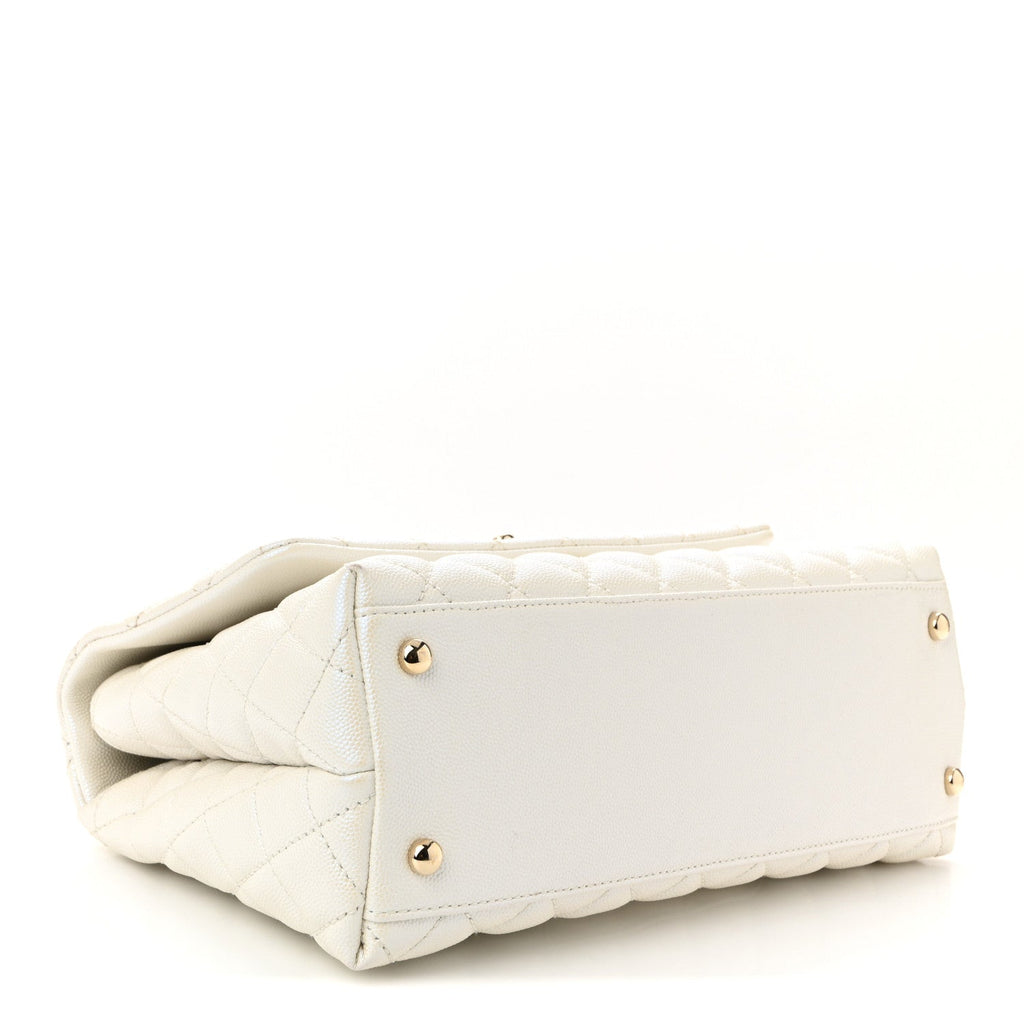 Iridescent Caviar Quilted Small Coco Handle Flap White