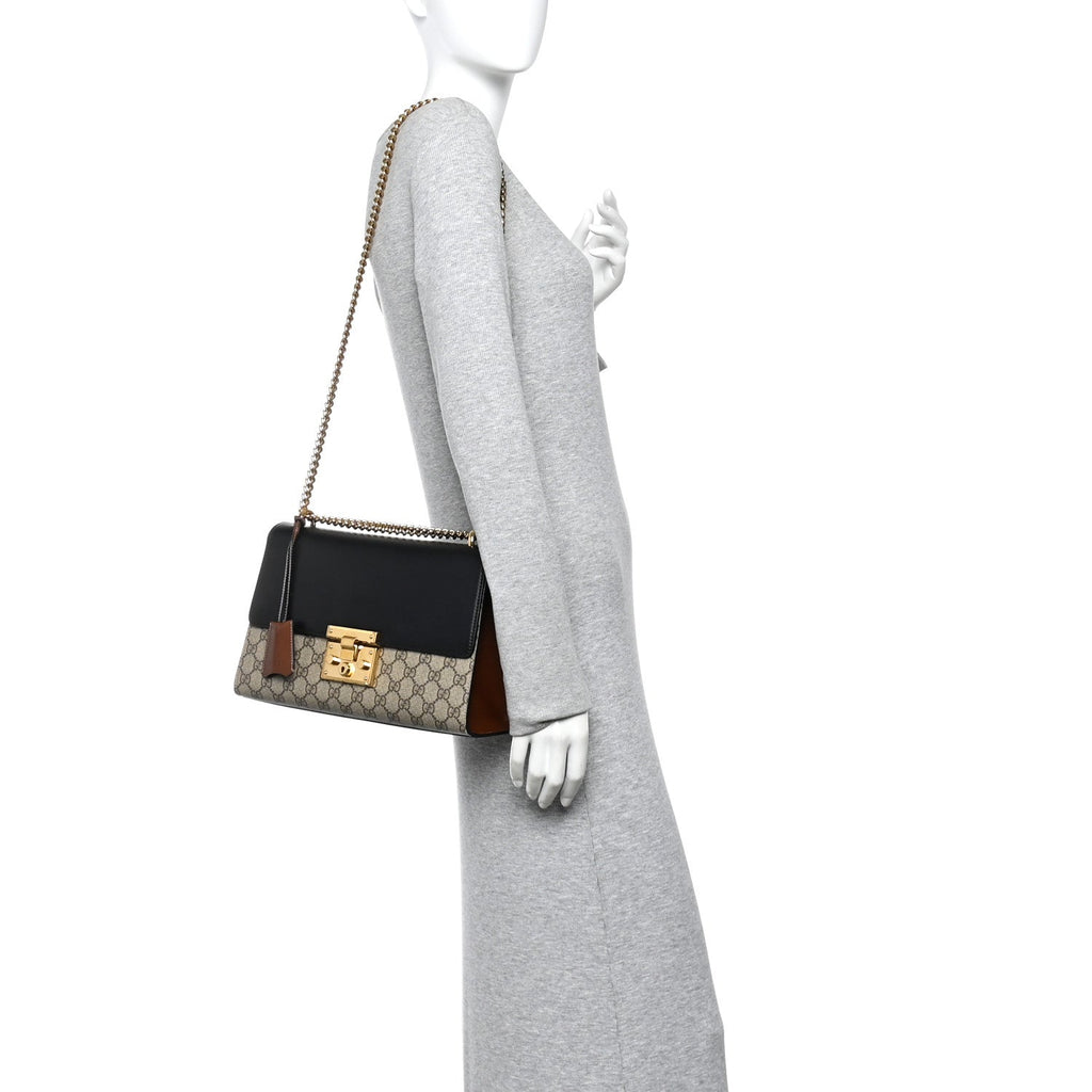 GG Supreme Monogram Calfskin Medium Padlock Shoulder Bag Beige Black Cuir