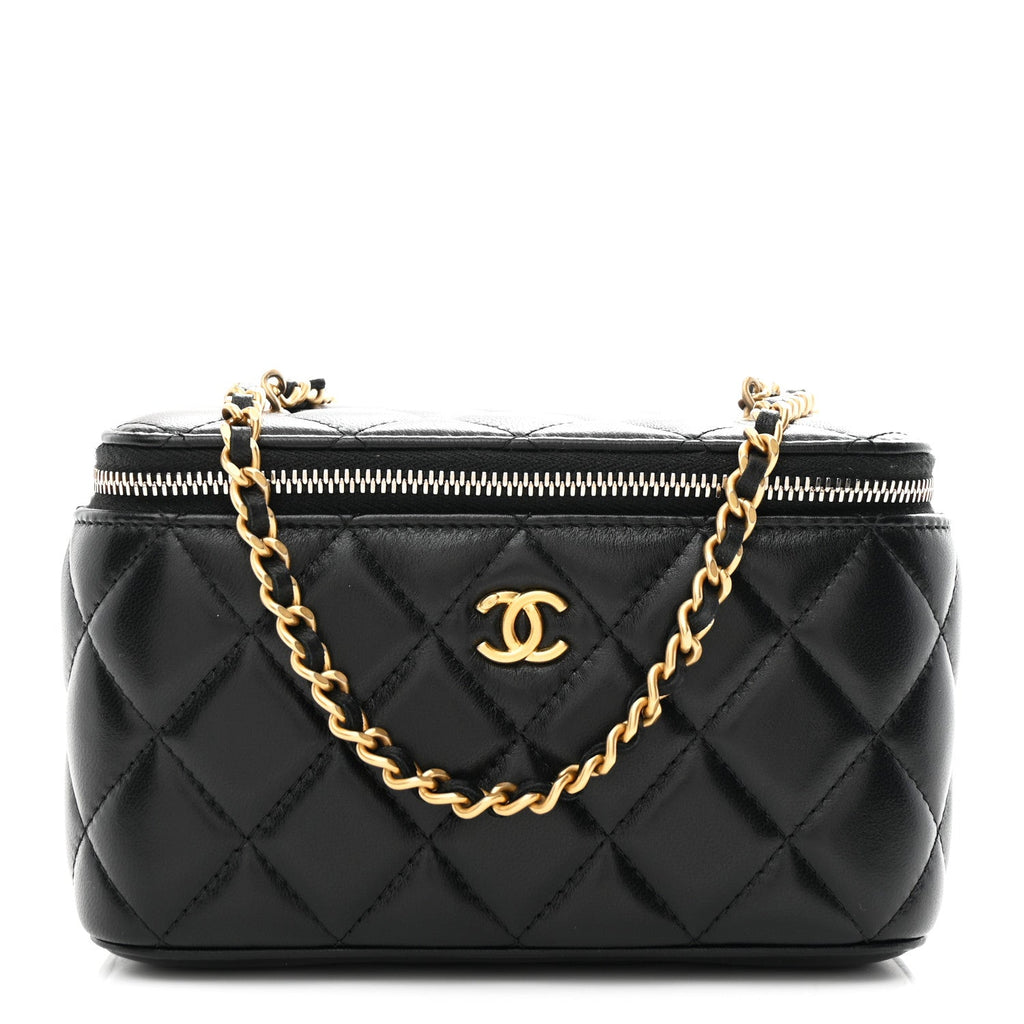 Lambskin Quilted Pearl Crush Small Vanity Case With Chain Black