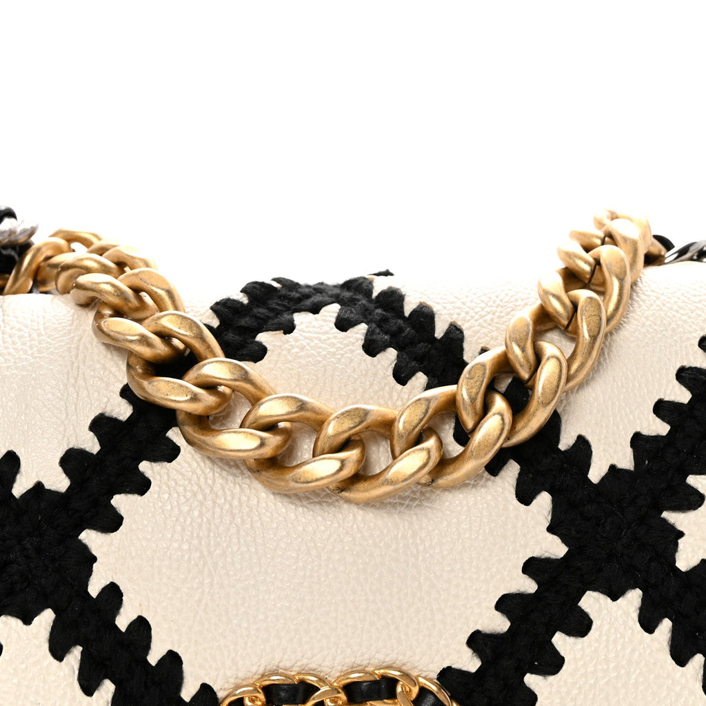 Calfskin Crochet Medium Chanel 19 Flap White Black