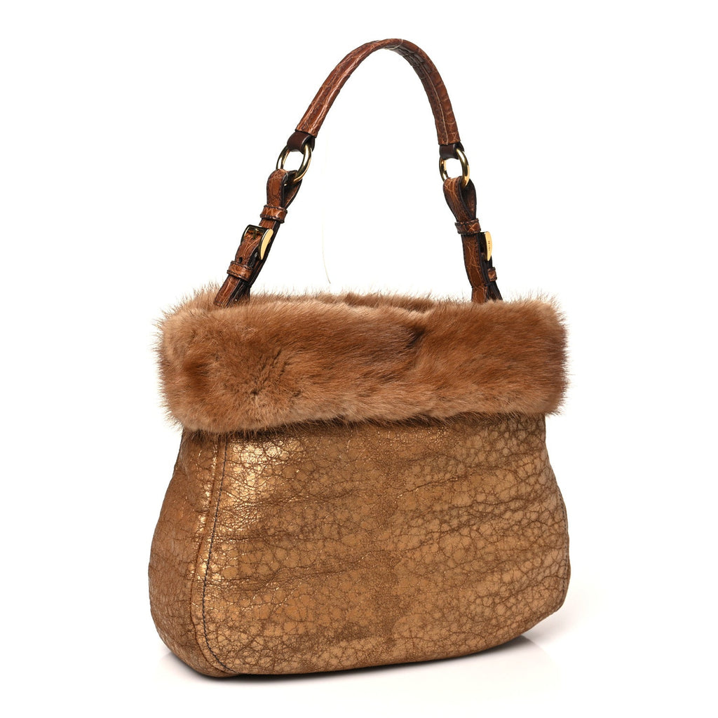 Metallic Suede Mink Shearling Crocodile Embossed Tote Gold