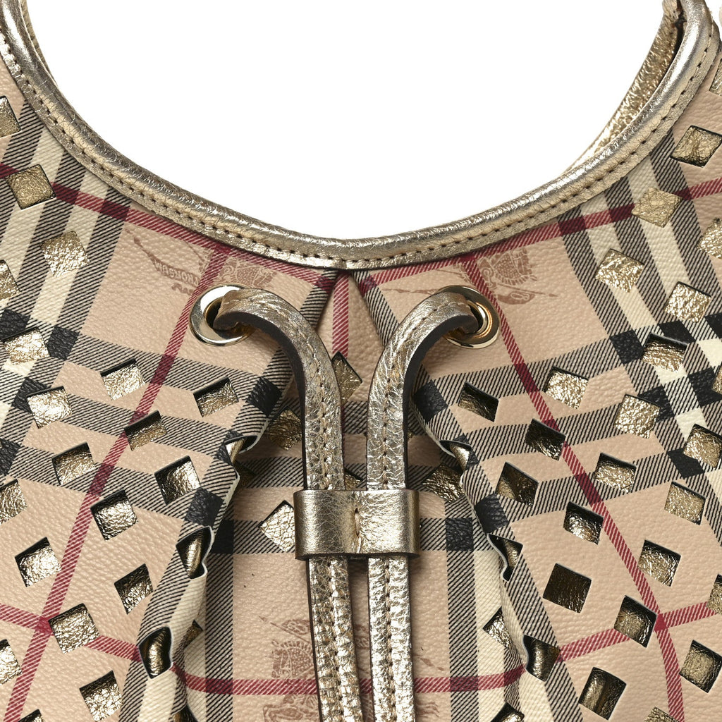 Haymarket Check Calfskin Claudia Drawstring Hobo Gold