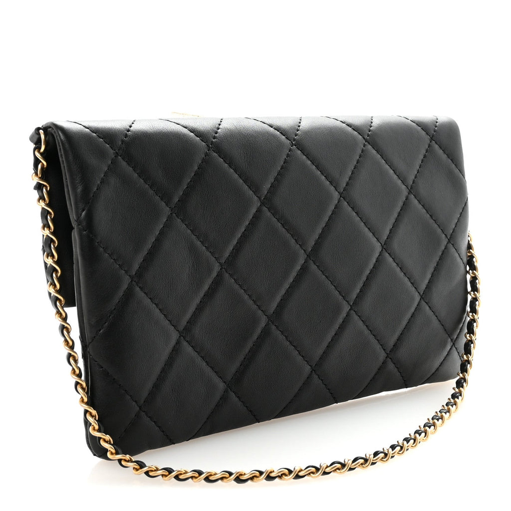 Calfskin Quilted Fold Over Clutch Black