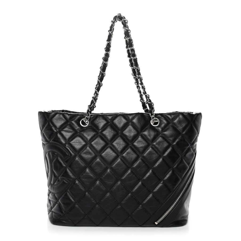 Aged Calfskin Quilted Large Cotton Club Tote Black