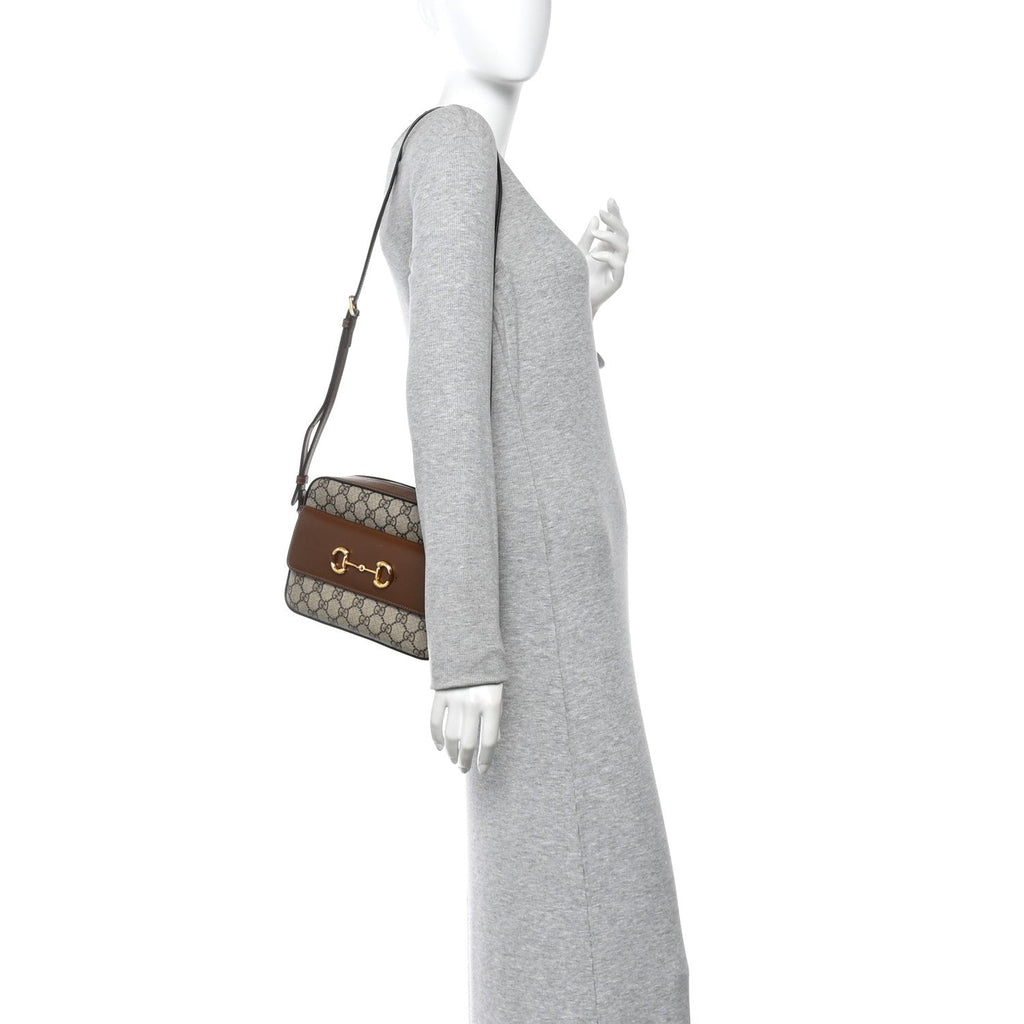 GG Supreme Monogram Small Horsebit 1955 Shoulder Bag Beige Brown Sugar