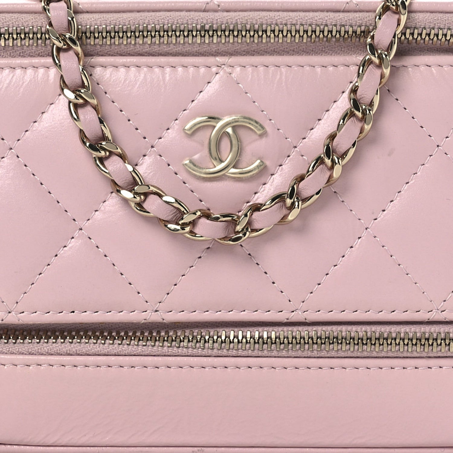Shiny Lambskin Quilted Top Handle Vanity Case With Chain Pink