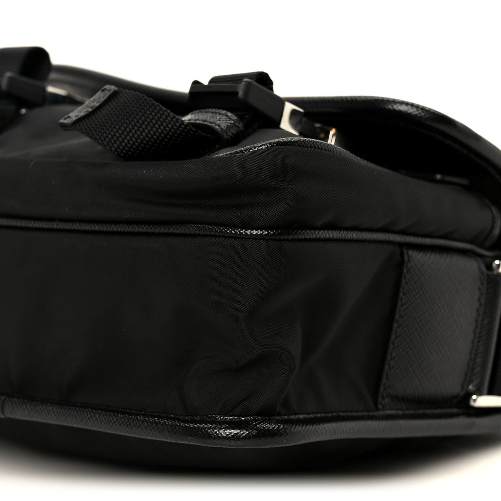 Re-Nylon Saffiano Pocket Double Snap Buckle Shoulder Bag Black