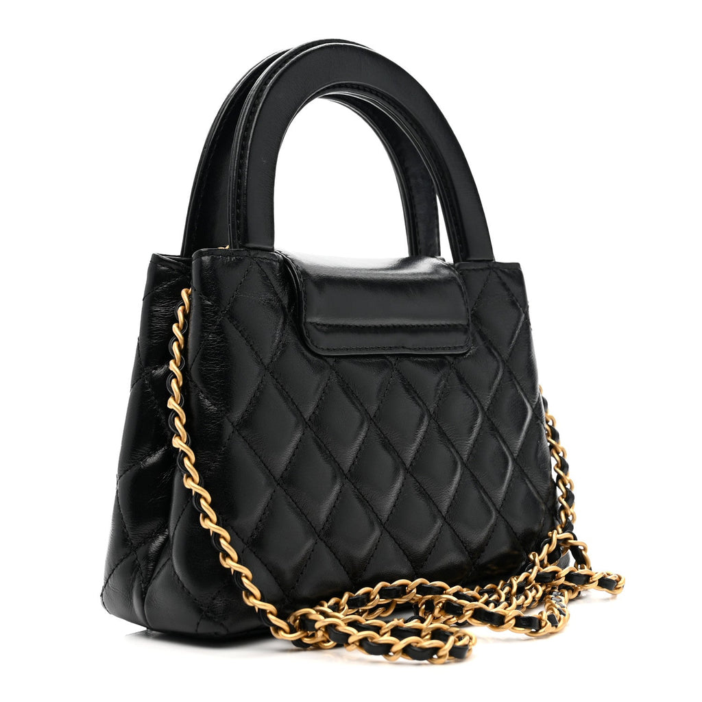 Shiny Aged Calfskin Quilted Nano Kelly Shopper Black
