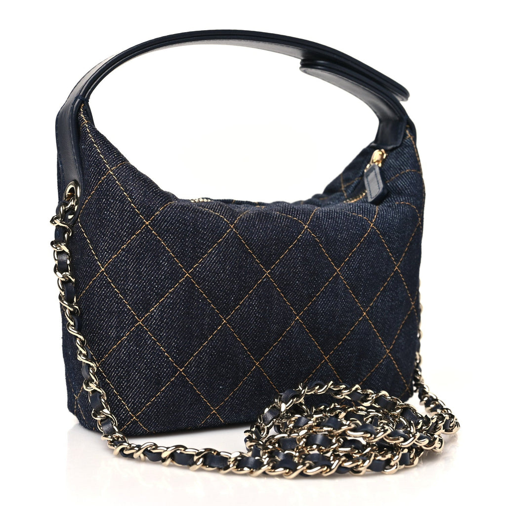 Denim Quilted Hobo Clutch With Chain Dark Blue Orange
