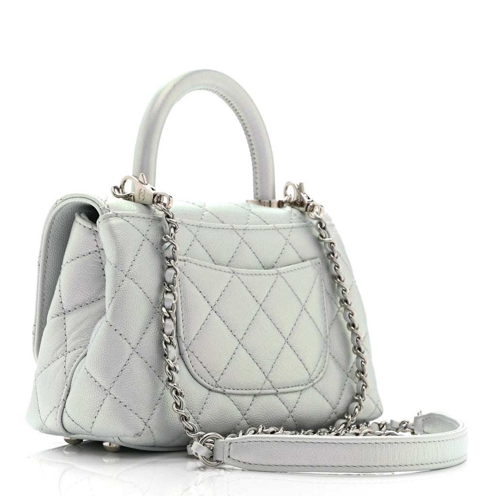Iridescent Caviar Quilted Extra Mini Coco Handle Flap Light Blue