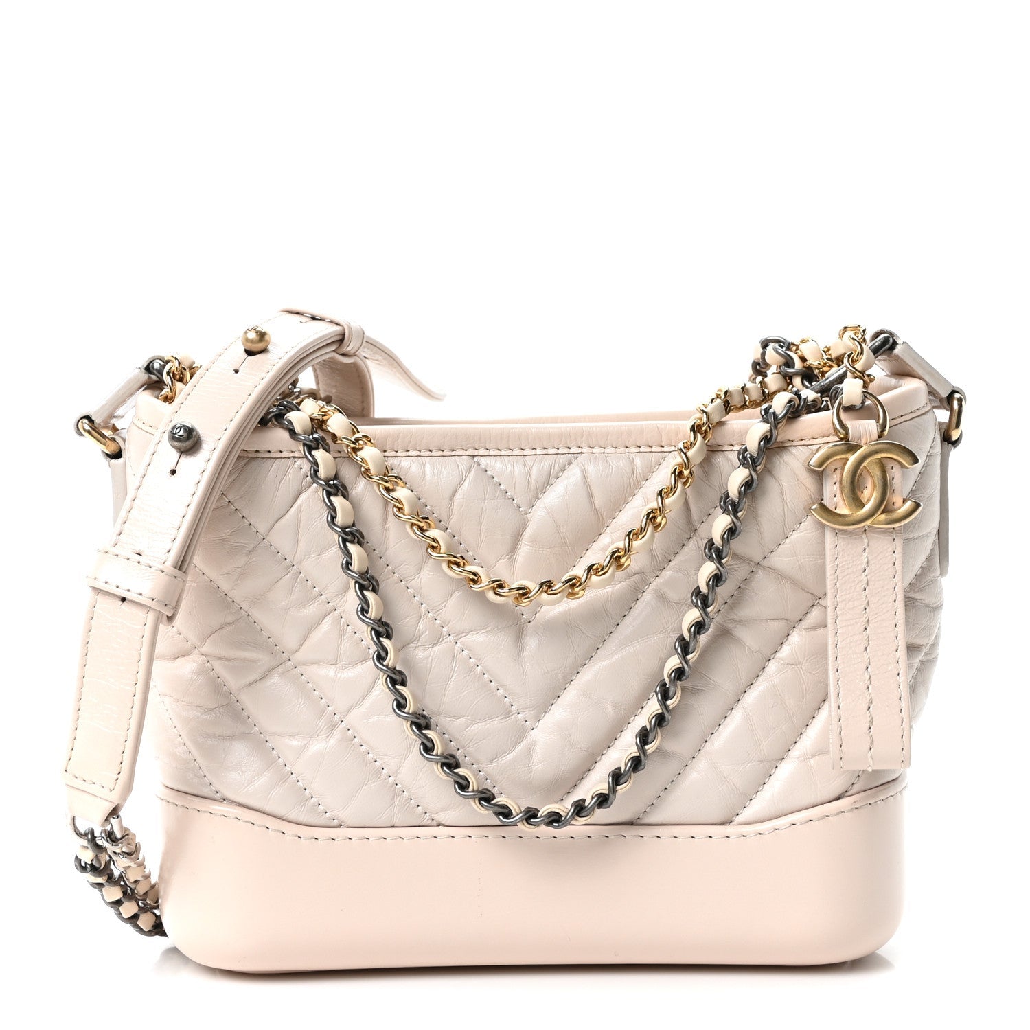 Aged Calfskin Chevron Quilted Small Gabrielle Hobo Beige
