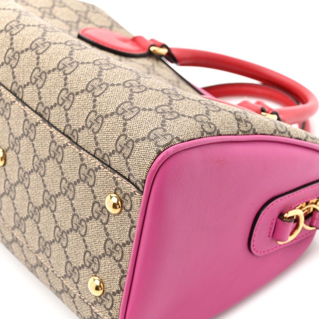 GG Supreme Monogram Moon Calfskin Small Boston Beige Ebony Hibiscus Red New Rosette