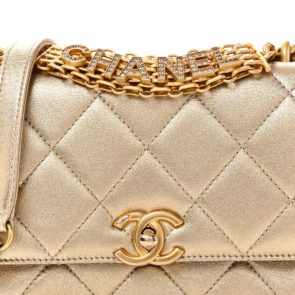 Metallic Lambskin Quilted Mini CC Crystal Logo Chain Flap Gold