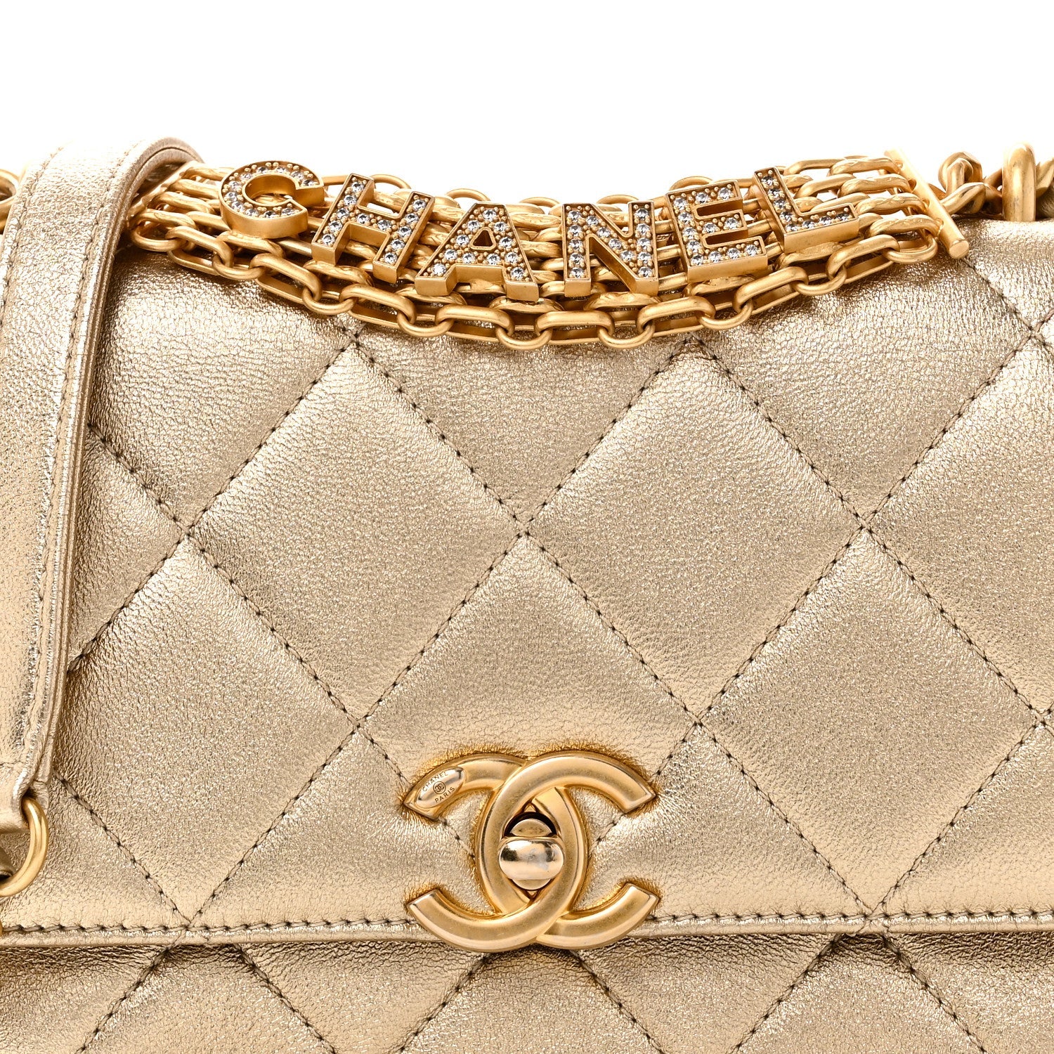 Metallic Lambskin Quilted Mini CC Crystal Logo Chain Flap Gold