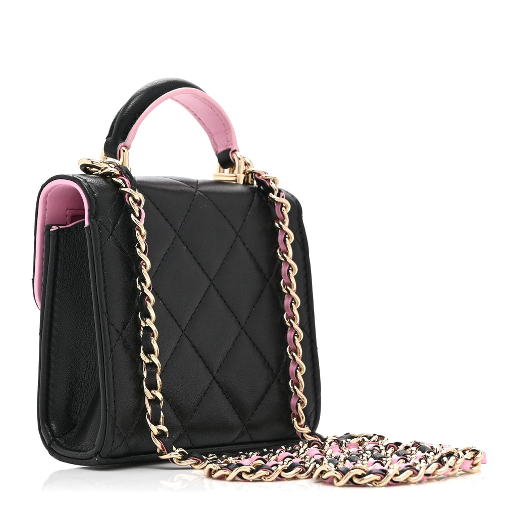 Lambskin Quilted Bi-Color Top Handle Clutch With Chain Black Pink