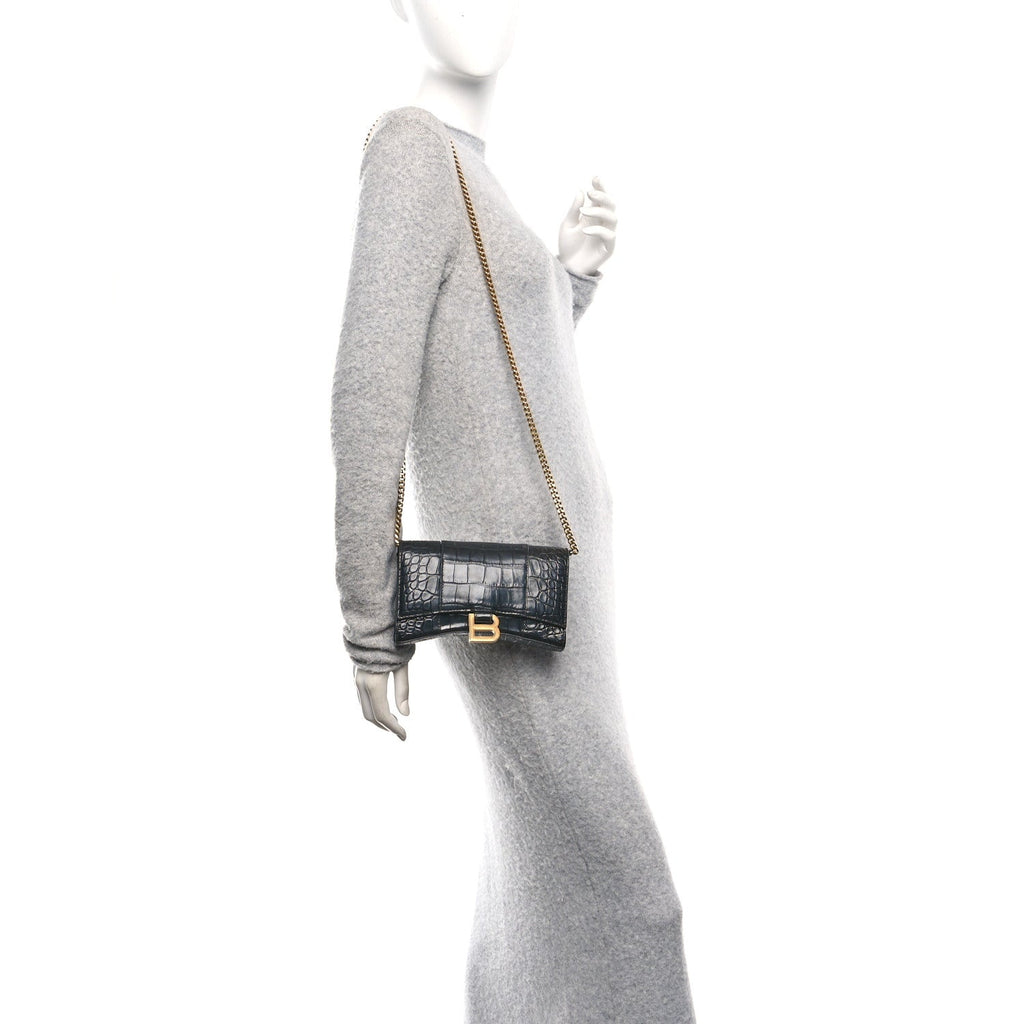 Shiny Calfskin Crocodile Embossed Hourglass Chain Bag Black