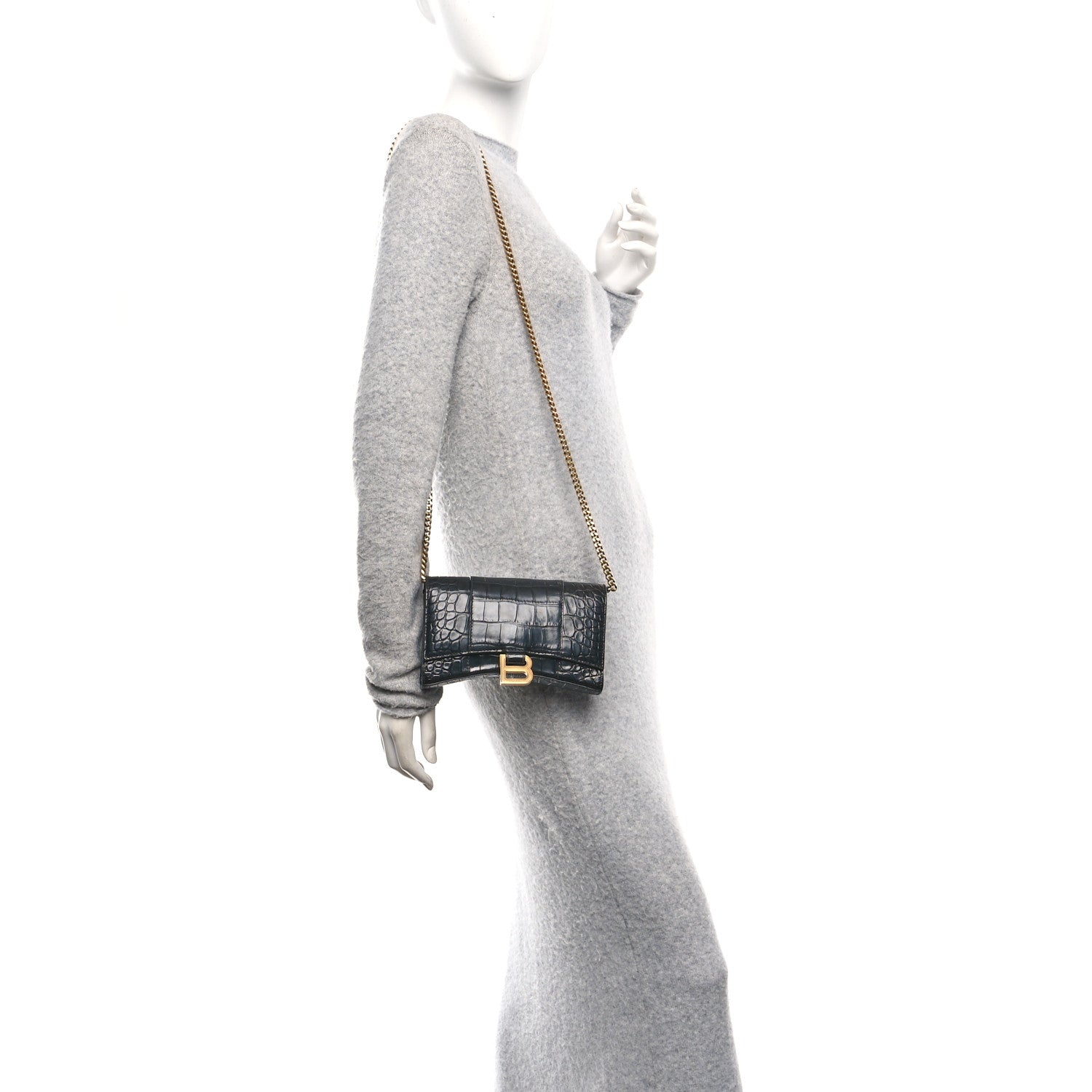 Shiny Calfskin Crocodile Embossed Hourglass Chain Bag Black