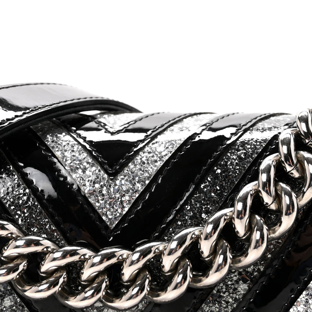 Patent Glitter PVC Chevron Quilted Small Boy Flap Black Silver