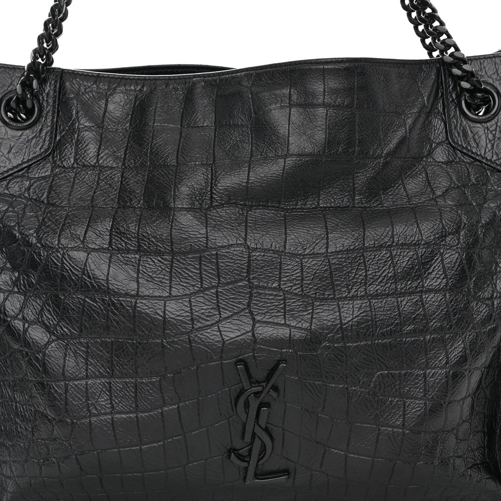 Calfskin Crocodile Embossed Monogram Medium Niki Shopping Bag Black