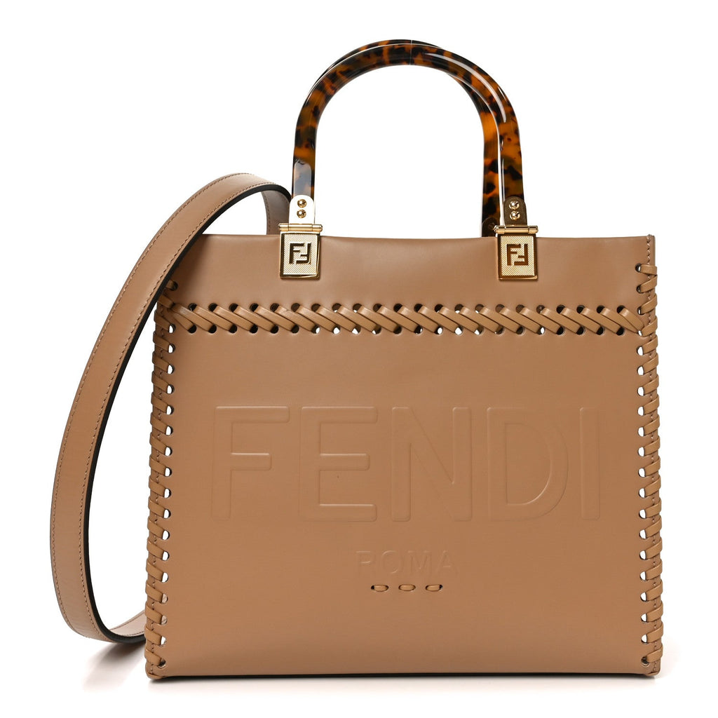 Vitello King Ceylon Plexiglass Woven Logo Debossed Small Fendi Sunshine Shopper Tote Miele Scuro