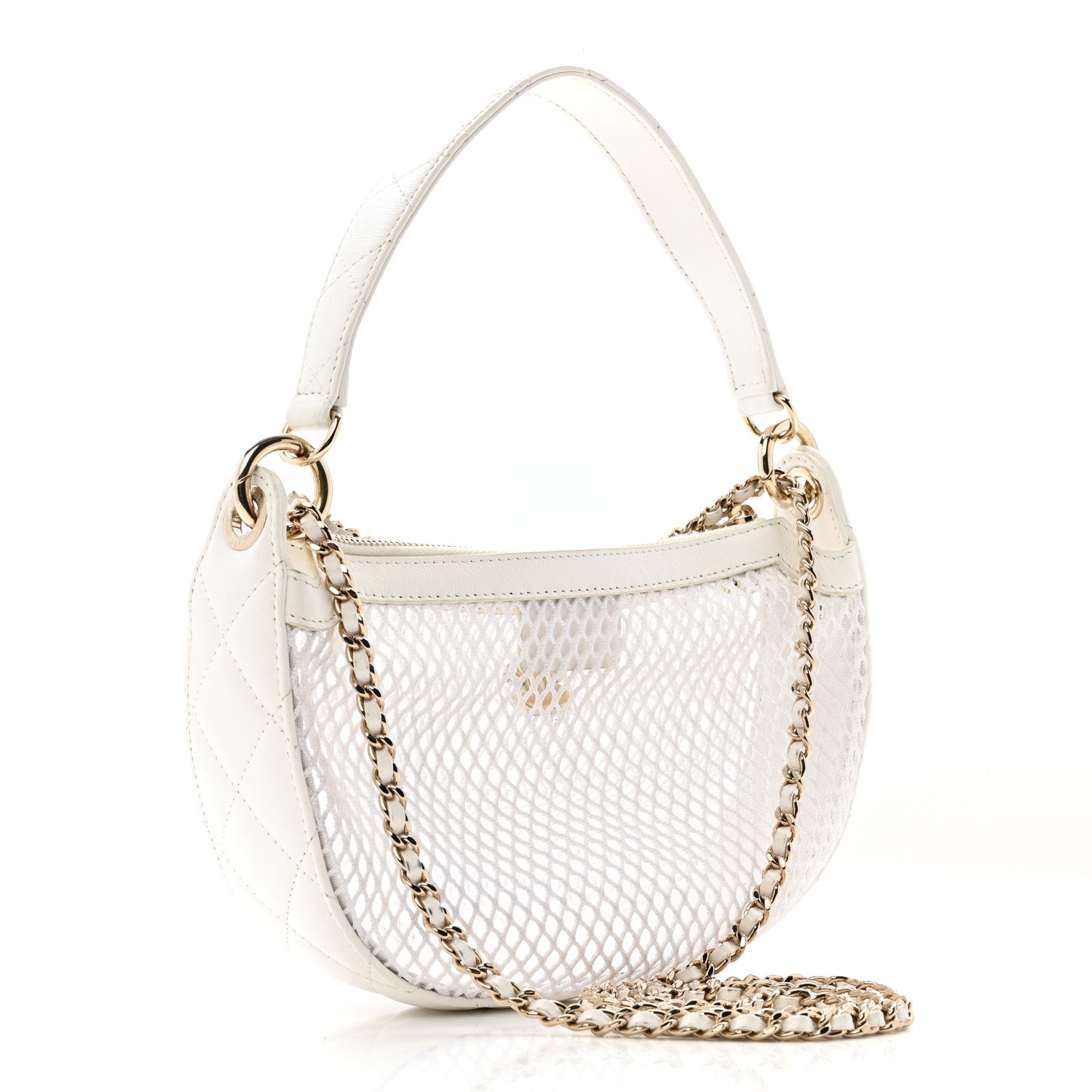 Mesh Shiny Lambskin Chain Hobo White