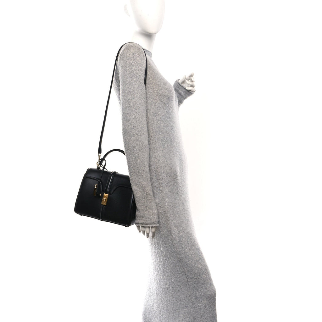 Satinated Calfskin Small 16 Top Handle Bag Black