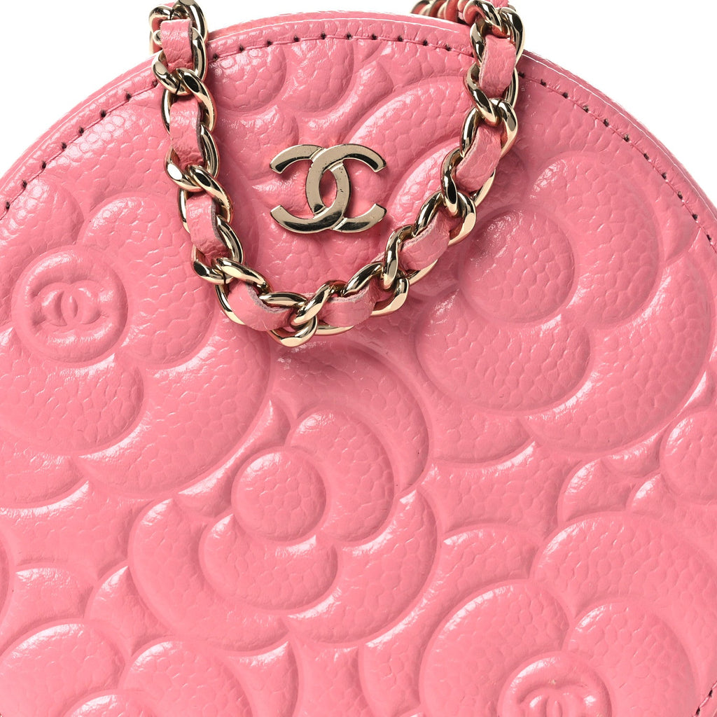Caviar Camellia Embossed Round Clutch With Chain Pink
